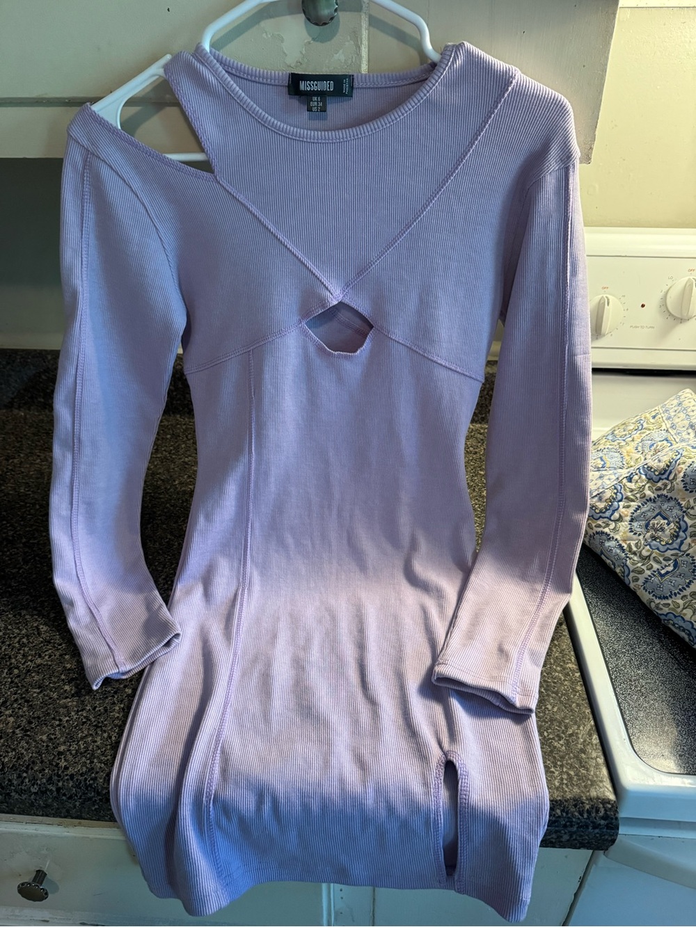 Y2K Missguided Lilac Cutout Ribbed Long Sleeve Mini Dress